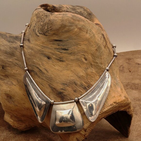 Vintage Native American Modernist Silver Bib Necklace Carlos Diaz Style 17" - Picture 7 of 13